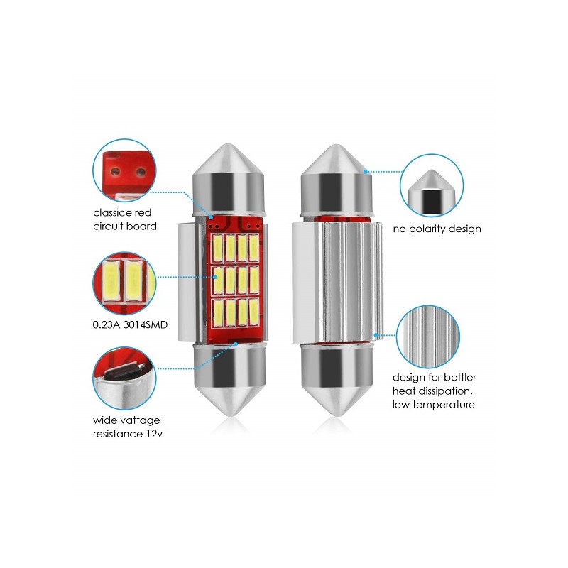 2 LAMPADINA LED AUTO SILURO 6W 12V 36 mm CANBUS NO ERRORE 12 LED SM