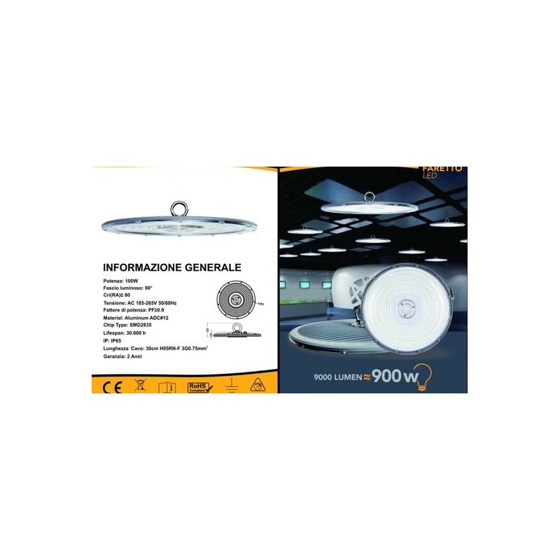 CAMPANA LED UFO LAMPADA INDUSTRIALE A SOSPENSIONE ULTRA SLIM 100W HE02-100WLUCE FREDDA 6500K LT3774  FARI PER ESTERNO 38,43 €