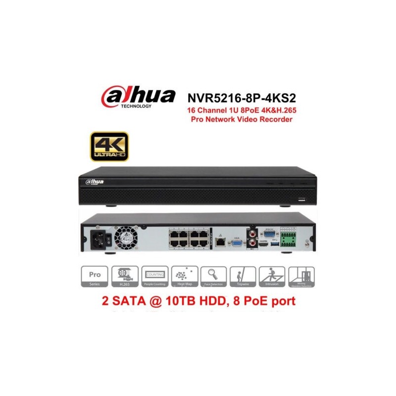 NVR DHI NVR5216-8P-4KS2 16 CANALI 1U 8 PoE 4K&H.265 Pro Network Video Recorder 2 uscite ALLARM OUT LT3066 ABM SRLS® DVR-XVR-N...