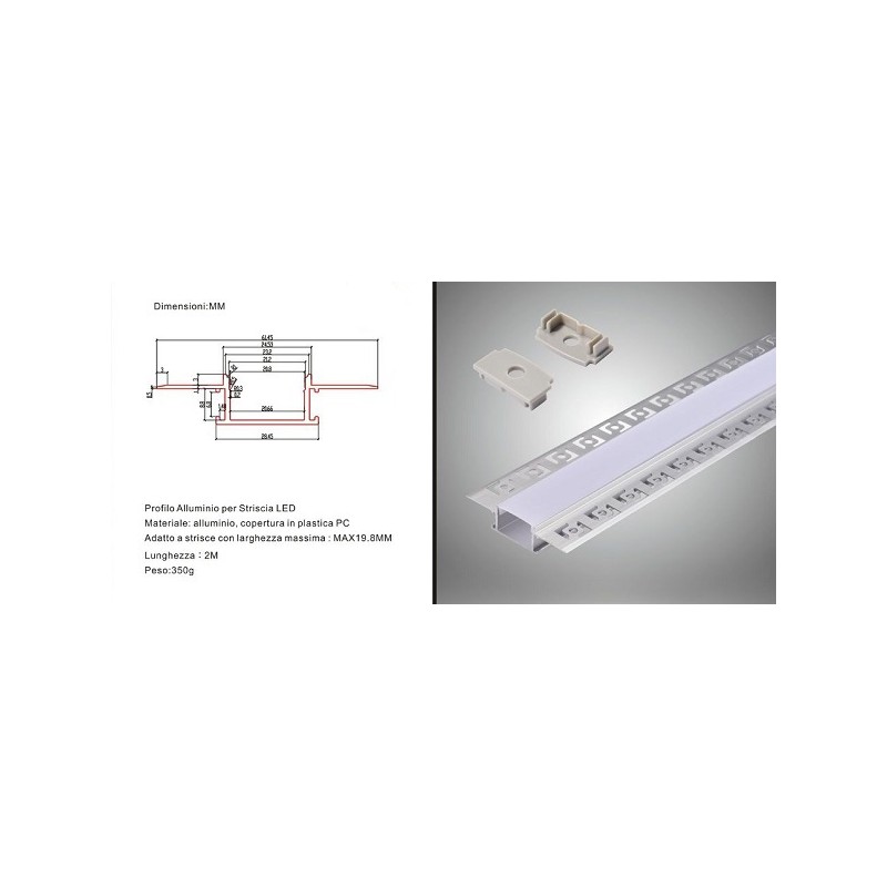 PROFILO IN ALLUMINIO PER STRISCE A LED BARRA DA 2 METRI CON COPERTURA IN PLASTICA PCAL-12 sku 3359 LT3674  PROFILI LED PER ST...