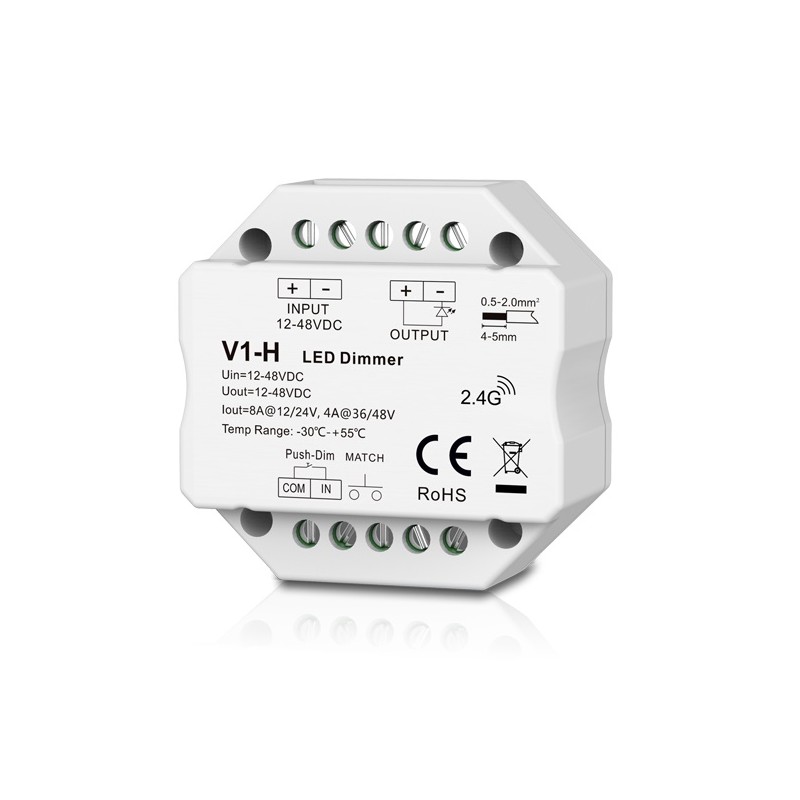 Ricevitore dimmer V1-H per scatola di derivazione a muro, monocromatico con pulsante 1CH*4A/8A 12-48VDC, RF 2.4G skydance LT3...