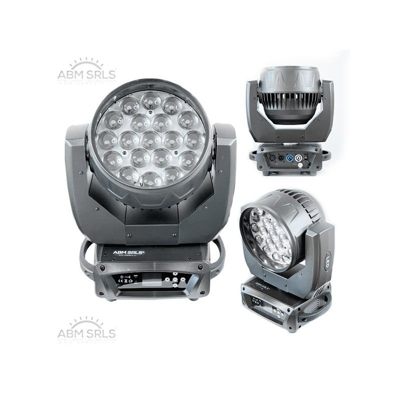 TESTA MOBILE RGBW 4IN1 ZOOM OSRAM LEDS 19 X 15WATT 300WATT 45200LUX BEAM MOVING HEAD YR-M1219Q LT3752 ABM SRLS® EFFETTI LASER...