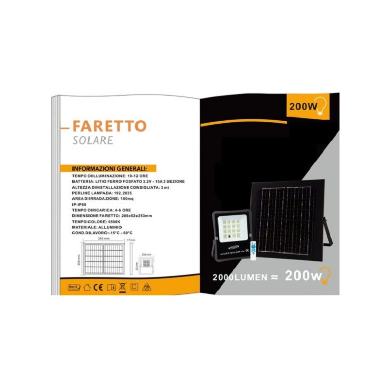 Faretto Faro Led Solare 200W Telecomando Ip65 Luce Bianco Fredda 6500k S01F-200W LT3949  FARI SOLARI 46,12 €
