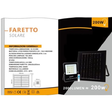 Faretto Faro Led Solare 200W Telecomando Ip65 Luce Bianco Fredda 6500k S01F-200W LT3949  FARI SOLARI 46,12 €