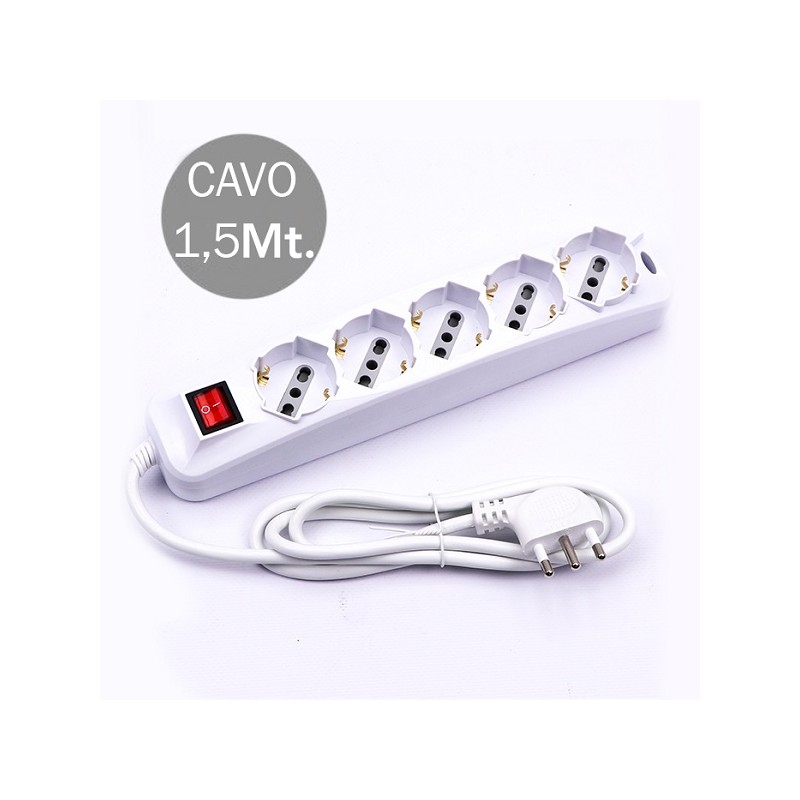 Multipresa con Cavo 1,5mt 5 Prese 10/16A 2P+T Bipasso + Shuko Interruttore Luminoso Spina 16A 2P+T Colore Bianco SKU 8712 LT2...