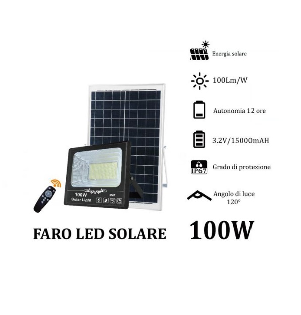 Faro LED 100W con Pannello Solare e Telecomando luce fredda S01-100W