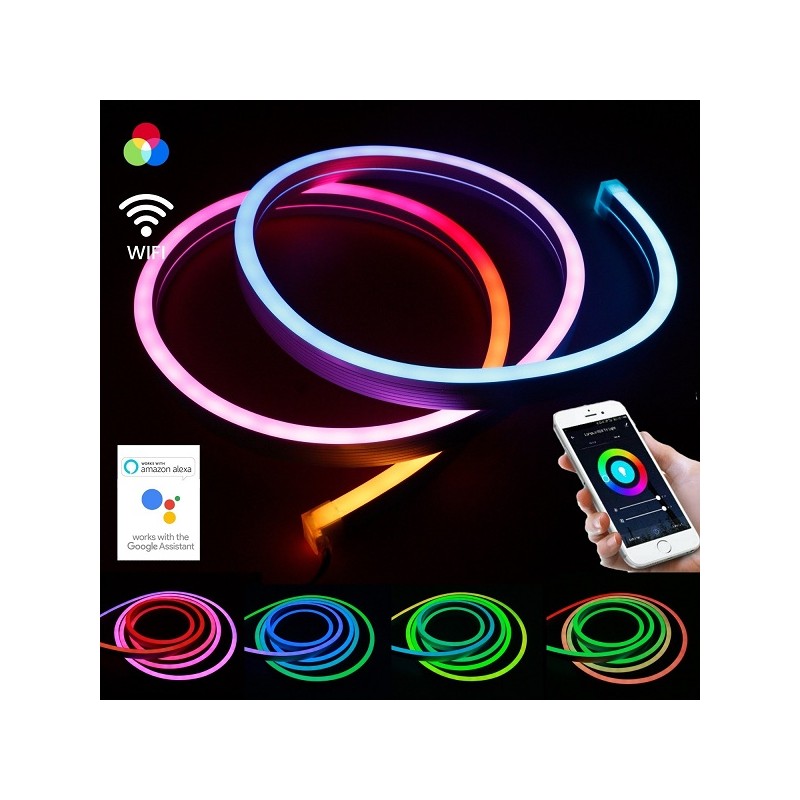 KIT Neon Flex Strip LED Digitale Intelligente 5mt 480 led SMART wifi RGB IC 24v 36w Compatibile Con Amazon Alexa E Google Ass...