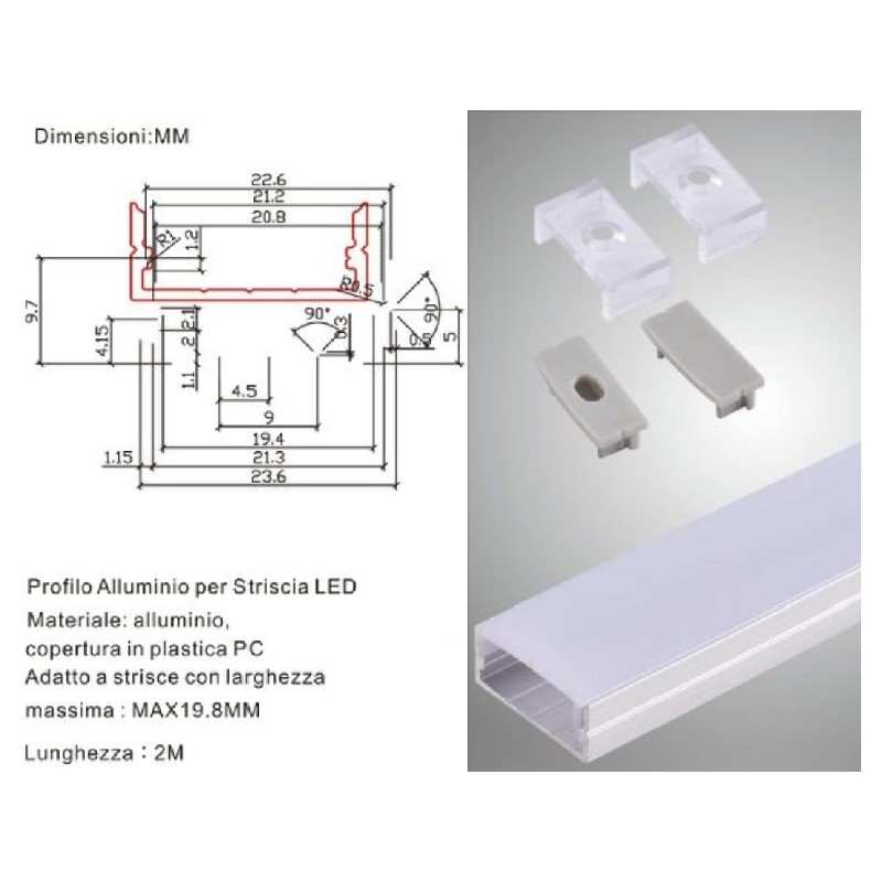 Profilo di alluminio barra da 2 metri 617 AL-14 033 LT2518 ABM SRLS® PROFILI LED PER STRISCE 6,83 €