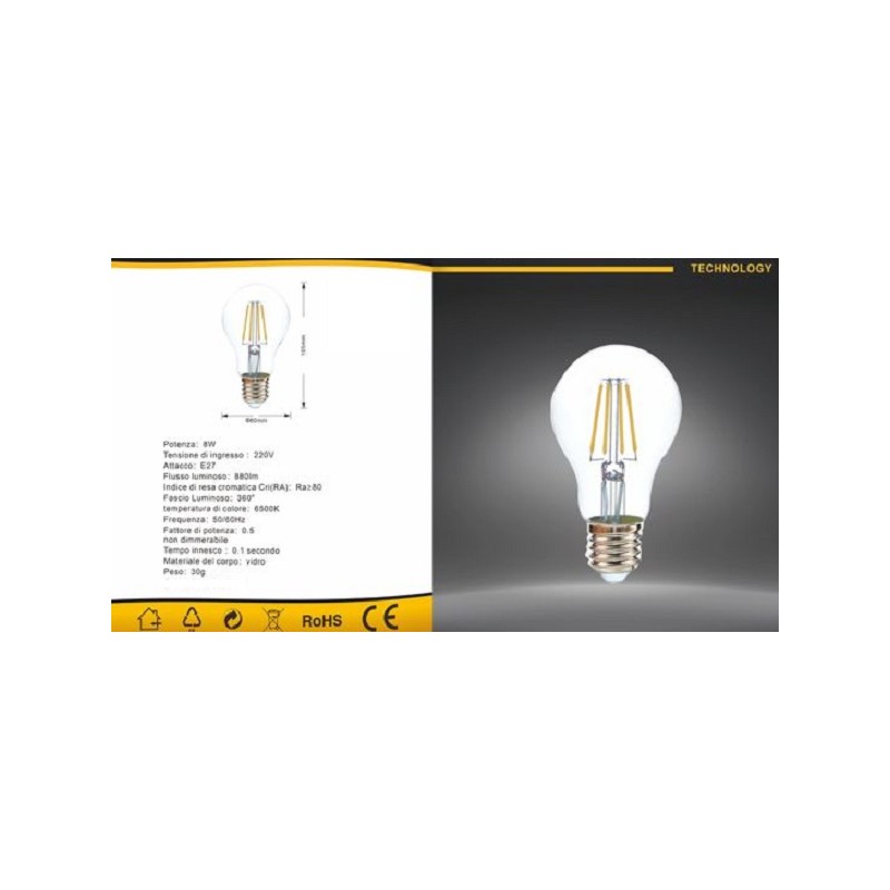 LAMPADINA LED E27 8W BULB A60 FILAMENTOLUCE FREDDA 6500K A60-T8F LT4394  E27 2,56 €